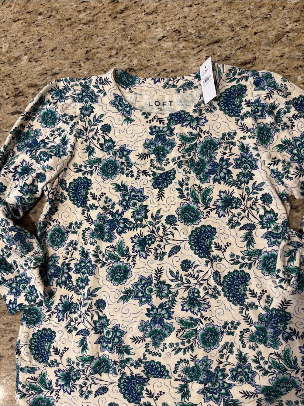 LOFT White Floral Pullover Sweatshirt with Blue & Green Print
